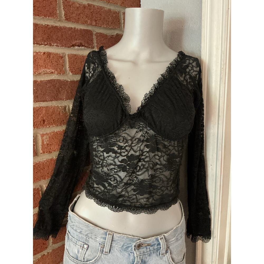 Black Lace Corset Style Long Sleeve Crop Top S/M Whimsigoth Witchy Dark Romance